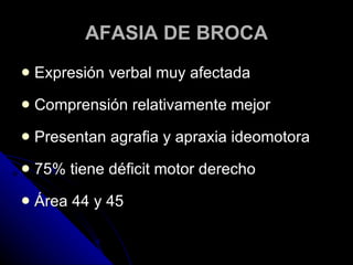 AFASIA DE BROCA Expresión verbal muy afectada Comprensión relativamente mejor Presentan agrafia y apraxia ideomotora 75% tiene déficit motor derecho Área 44 y 45 