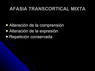 AFASIA TRANSCORTICAL MIXTA Alteración de la comprensión Alteración de la expresión Repetición conservada 