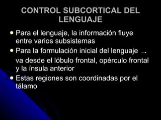CONTROL SUBCORTICAL DEL LENGUAJE Para el lenguaje, la información fluye entre varios subsistemas Para la formulación inicial del lenguaje va desde el lóbulo frontal, opérculo frontal y la ínsula anterior Estas regiones son coordinadas por el tálamo 