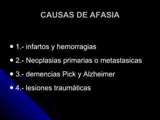 CAUSAS DE AFASIA 1.- infartos y hemorragias 2.- Neoplasias primarias o metastasicas 3.- demencias Pick y Alzheimer 4.- lesiones traumáticas 