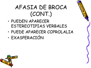 AFASIA DE BROCA
(CONT.)
• PUEDEN APARECER
ESTEREOTIPIAS VERBALES
• PUEDE APARECER COPROLALIA
• EXASPERACIÓN
 