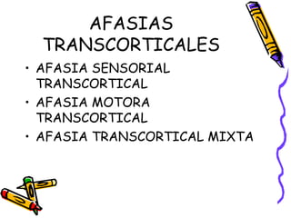 AFASIAS
TRANSCORTICALES
• AFASIA SENSORIAL
TRANSCORTICAL
• AFASIA MOTORA
TRANSCORTICAL
• AFASIA TRANSCORTICAL MIXTA
 