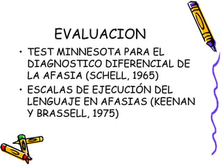 EVALUACION
• TEST MINNESOTA PARA EL
DIAGNOSTICO DIFERENCIAL DE
LA AFASIA (SCHELL, 1965)
• ESCALAS DE EJECUCIÓN DEL
LENGUAJE EN AFASIAS (KEENAN
Y BRASSELL, 1975)
 