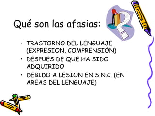 Qué son las afasias:
• TRASTORNO DEL LENGUAJE
(EXPRESION, COMPRENSIÓN)
• DESPUES DE QUE HA SIDO
ADQUIRIDO
• DEBIDO A LESION EN S.N.C. (EN
AREAS DEL LENGUAJE)
 