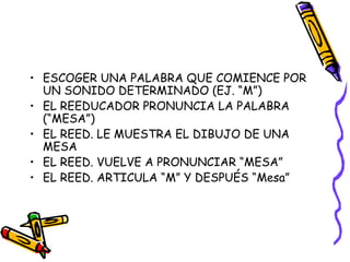• ESCOGER UNA PALABRA QUE COMIENCE POR
UN SONIDO DETERMINADO (EJ. “M”)
• EL REEDUCADOR PRONUNCIA LA PALABRA
(“MESA”)
• EL REED. LE MUESTRA EL DIBUJO DE UNA
MESA
• EL REED. VUELVE A PRONUNCIAR “MESA”
• EL REED. ARTICULA “M” Y DESPUÉS “Mesa”
 