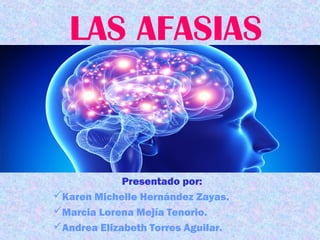 LAS AFASIAS
Presentado por:
Karen Michelle Hernández Zayas.
Marcia Lorena Mejía Tenorio.
Andrea Elizabeth Torres Aguilar.
 