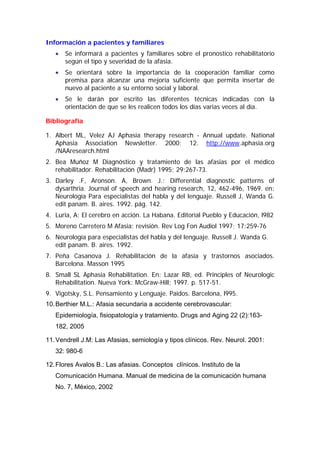 Información a pacientes y familiares
   •   Se informará a pacientes y familiares sobre el pronostico rehabilitatorio
       según el tipo y severidad de la afasia.
   •   Se orientará sobre la importancia de la cooperación familiar como
       premisa para alcanzar una mejoría suficiente que permita insertar de
       nuevo al paciente a su entorno social y laboral.
   •   Se le darán por escrito las diferentes técnicas indicadas con la
       orientación de que se les realicen todos los días varias veces al día.

Bibliografía

1. Albert ML, Velez AJ Aphasia therapy research - Annual update. National
   Aphasia Association Newsletter. 2000; 12. http://www.aphasia.org
   /NAAresearch.html
2. Bea Muñoz M Diagnóstico y tratamiento de las afasias por el médico
   rehabilitador. Rehabilitación (Madr) 1995; 29:267-73.
3. Darley .F, Aronson. A, Brown. J.: Differential diagnostic patterns of
   dysarthria. Journal of speech and hearing research, 12, 462-496, 1969. en:
   Neurología Para especialistas del habla y del lenguaje. Russell J, Wanda G.
   edit panam. B. aires. 1992. pág. 142.
4. Luria, A: El cerebro en acción. La Habana. Editorial Pueblo y Educación, l982
5. Moreno Carretero M Afasia: revisión. Rev Log Fon Audiol 1997; 17:259-76
6. Neurología para especialistas del habla y del lenguaje. Russell J. Wanda G.
   edit panam. B. aires. 1992.
7. Peña Casanova J. Rehabilitación de la afasia y trastornos asociados.
   Barcelona. Masson 1995
8. Small SL Aphasia Rehabilitation. En: Lazar RB, ed. Principles of Neurologic
   Rehabilitation. Nueva York: McGraw-Hill; 1997. p. 517-51.
9. Vigotsky, S.L. Pensamiento y Lenguaje. Paidos. Barcelona, l995.
10. Berthier M.L.: Afasia secundaria a accidente cerebrovascular:
   Epidemiología, fisiopatología y tratamiento. Drugs and Aging 22 (2):163-
   182, 2005

11. Vendrell J.M: Las Afasias, semiología y tipos clínicos. Rev. Neurol. 2001:
   32: 980-6

12. Flores Avalos B.: Las afasias. Conceptos clínicos. Instituto de la
   Comunicación Humana. Manual de medicina de la comunicación humana
   No. 7, México, 2002
 