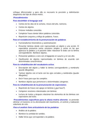 enfoque diferenciador y para ello es necesario la precisión y delimitación
diagnóstica del tipo de afasia motriz.
Procedimientos
Para desinhibir el lenguaje oral
   •   Conteo de los días de la semana, meses del año, números.
   •   Conteo de objetos.
   •   Entonar melodías conocidas.
   •   Completar frases donde falten palabras conocidas.
   •   Repetición conjunta y refleja de palabras, frases.
Para el restablecimiento de la pronunciación de palabras
   •   Funcionalismos fonemáticos y automatización
   •   Presentar láminas donde esté representado un objeto o una acción. El
       especialista pronuncia varias oraciones simples y cortas en las que
       aparezca la palabra y el paciente debe relacionar lo leído con la lámina
       correspondiente .Nombrar objetos.
   •   Pronunciar palabras a coro con el logopeda en susurro y en voz alta.
   •   Clasificación de objetos representados en láminas de acuerdo con
       determinadas características.
Para la rehabilitación del vocabulario activo
   •   Descripción del objeto y hallar la lámina correspondiente y nombrarlo
       (puede dibujarlos).
   •   Tantear objetos con el tacto con los ojos cerrados y nombrarlos (puede
       dibujarlos).
   •   Decir frases para que las complete.
   •   Nombrar objetos que pertenecen a determinadas categorías.
Para la rehabilitación de la pronunciación de expresiones
   •   Repetición de frases con apoyo en láminas (¿qué hace?).
   •   Componer oraciones relacionadas con láminas.
   •   Lectura de textos y después relacionar los elementos de las láminas con
       expresiones del texto.
 Procedimientos específicos para la afasia motriz aferente: se pretende
eliminar el trastorno en la aferentación del movimiento, el control y realización
voluntario de este.
Para el análisis fono articulatorio de las palabras
   •   Análisis de la palabra.
   •   Nombrar la cantidad de sonidos.
   •   Hallar letras que correspondan a la palabra.
 
