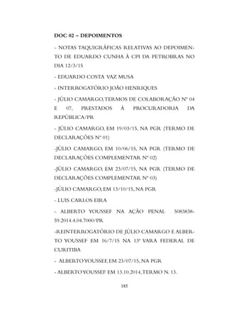 DOC 02 – DEPOIMENTOS
- NOTAS TAQUIGRÁFICAS RELATIVAS AO DEPOIMEN-
TO DE EDUARDO CUNHA À CPI DA PETROBRAS NO
DIA 12/3/15
- EDUARDO COSTA VAZ MUSA
- INTERROGATÓRIO JOÃO HENRIQUES
- JÚLIO CAMARGO,TERMOS DE COLABORAÇÃO Nº 04
E 07, PRESTADOS À PROCURADORIA DA
REPÚBLICA/PR
- JÚLIO CAMARGO, EM 19/03/15, NA PGR (TERMO DE
DECLARAÇÕES Nº 01)
-JÚLIO CAMARGO, EM 10/06/15, NA PGR (TERMO DE
DECLARAÇÕES COMPLEMENTAR Nº 02)
-JÚLIO CAMARGO, EM 23/07/15, NA PGR (TERMO DE
DECLARAÇÕES COMPLEMENTAR Nº 03)
-JÚLIO CAMARGO, EM 13/10/15, NA PGR
- LUIS CARLOS EIRA
- ALBERTO YOUSSEF NA AÇÃO PENAL 5083838-
59.2014.4.04.7000/PR
-REINTERROGATÓRIO DE JÚLIO CAMARGO E ALBER-
TO YOUSSEF EM 16/7/15 NA 13ª VARA FEDERAL DE
CURITIBA
- ALBERTOYOUSSEF, EM 23/07/15, NA PGR
- ALBERTOYOUSSEF EM 13.10.2014,TERMO N. 13.
185
 