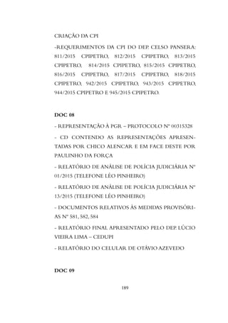 CRIAÇÃO DA CPI
-REQUERIMENTOS DA CPI DO DEP. CELSO PANSERA:
811/2015 CPIPETRO, 812/2015 CPIPETRO, 813/2015
CPIPETRO, 814/2015 CPIPETRO, 815/2015 CPIPETRO,
816/2015 CPIPETRO, 817/2015 CPIPETRO, 818/2015
CPIPETRO, 942/2015 CPIPETRO, 943/2015 CPIPETRO,
944/2015 CPIPETRO E 945/2015 CPIPETRO.
DOC 08
- REPRESENTAÇÃO À PGR – PROTOCOLO Nº 00315328
- CD CONTENDO AS REPRESENTAÇÕES APRESEN-
TADAS POR CHICO ALENCAR E EM FACE DESTE POR
PAULINHO DA FORÇA
- RELATÓRIO DE ANÁLISE DE POLÍCIA JUDICIÁRIA Nº
01/2015 (TELEFONE LÉO PINHEIRO)
- RELATÓRIO DE ANÁLISE DE POLÍCIA JUDICIÁRIA Nº
13/2015 (TELEFONE LÉO PINHEIRO)
- DOCUMENTOS RELATIVOS ÀS MEDIDAS PROVISÓRI-
AS Nº 581, 582, 584
- RELATÓRIO FINAL APRESENTADO PELO DEP. LÚCIO
VIEIRA LIMA – CEDUPI
- RELATÓRIO DO CELULAR DE OTÁVIO AZEVEDO
DOC 09
189
 