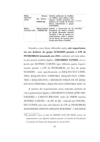 REQ-
440/2013
CFFC
Alexan-
dre Santos -
PMDB/RJ.
Solicita realização de Audiên-
cia Pública para debate sobre
suposto acordo proposto em
desfavor do Fundo de Pensão
Petros [envolvendo o grupo
SCHAHIN]
7/5/2013
REQ-
214/2013 CFT
Manoel Junior
- PMDB/PB.
Solicita a convocação do Sr.
Presidente do Banco Central
do Brasil, Alexandre Antonio
Tombini, a fim de prestar es-
clarecimentos sobre a denún-
cia de desvio de recursos pra-
ticado pelo Banco Schahin.
6/8/2013
Somados a esses, foram elaborados outros seis requerimen-
tos em desfavor do grupo SCHAHIN perante a CPI da
PETROBRAS instaurada em 2015, conforme será visto adian-
te, por pessoas também ligadas a EDUARDO CUNHA, em es-
pecial, por ALTINEU CORTÊS (que elaborou quatro requeri-
mentos perante a CPI da PETROBRAS em face do grupo
SCHAHIN - mais especificamente os REQ-833/2015 CPIPE-
TRO; REQ-830/2015 CPIPETRO; REQ-829/2015 CPIPE-
TRO e REQ-828/2015) e ARNALDO FARIA DE SÁ (REQ-
825/2015 CPIPETRO e REQ-596/2015 CPIPETRO). DOC 04
A maioria dos requerimentos acima indicados partiram de
cinco parlamentares ligados a EDUARDO CUNHA: JOÃO MA-
GALHÃES e CARLOS WILLIAN, então do PMDB mineiro,
ALTINEU CORTÊS – do PR do RJ - indicado por EDUAR-
DO CUNHA para uma sub-relatoria da CPI da PETROBRAS,
ALEXANDRE SANTOS, NELSON BORNIER15
e SOLANGE
15 Já apontado como, ao lado de ANDRÉ LUIS DA SILVA, autores de
requerimentos com objetivos espúrios perante a Comissão de Fiscalização
e Controle da Câmara dos Deputados no ano de 2003.
41
 