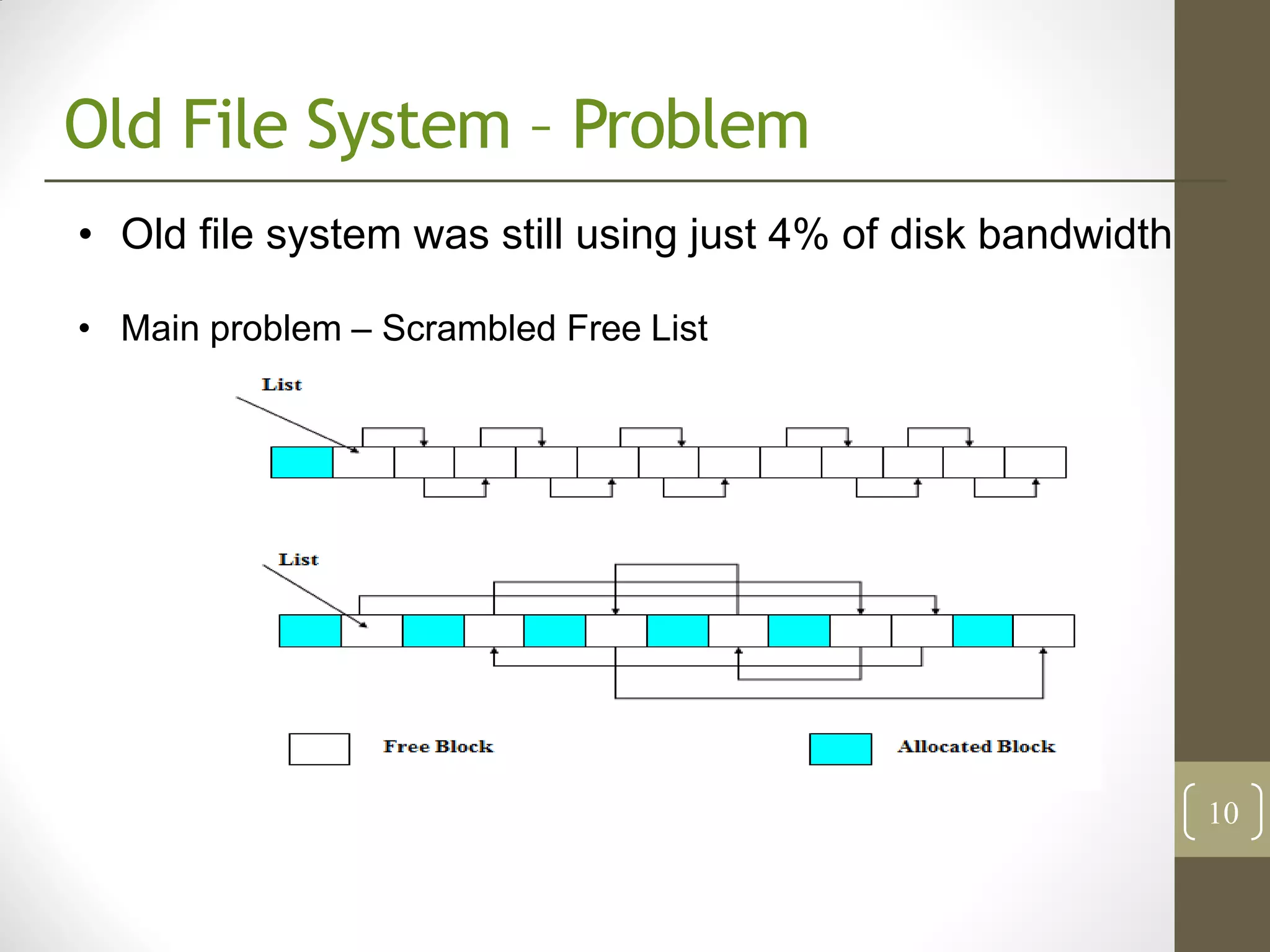 Old File System – Problem
• Old file system was still using just 4% of disk bandwidth

• Main problem – Scrambled Free List




                                                              10
 