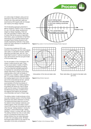 mentor.com/mechanical 21
Figure 2. Ring creation in the Circumferential Averaging Rotation Approach
Figure 3. Sliding Rotation Approach
Figure 4. The Mesh of the Compressor Model
Process
of a wide range of designs using such an
approach is very time-consuming and as
a result only a few particular cases are
examined by CFD experts after all changes
are made by the design engineer.
The frontloading approach presented in
Mentor Graphics’ FloEFD™ tool, is intended
for use in the early design development
stages by design engineers. There are
two main principals in FloEFD: direct use
of native CAD as the source of geometry
information, and a combination of full three-
dimensional CFD modeling solving Favre-
averaged Navier-Stokes equations with
simpler engineering methods in the cases
where the mesh resolution is insufficient for
direct simulation.
To overcome a traditional CFD code
restriction of having a very fine mesh density
near walls in a calculation domain, FloEFD
describes boundary layer, with the “Two-
Scale Wall Functions” method including the
near wall functions and the sub-grid model
of the boundary layer.
For the simulation of the compressor, the
rotation model should be used. There
are two local rotation models in FloEFD
– circumferential averaging and sliding.
The circumferential averaging approach
is employed for calculating transient or
steady-state flows in regions surrounding
rotating solids, which are not bodies of
revolution (e.g. impellers, mixers, propellers,
etc). To connect solutions obtained within
the rotating regions and in the non-rotating
part of the computational domain, special
internal boundary conditions are set
automatically at the fluid boundaries of
the rotating regions. The rotating region’s
boundaries are sliced into rings of equal
width and the values of flow parameters,
transferred as boundary conditions from
the adjacent fluid regions are averaged
circumferentially over each of these rings.
The sliding rotation model produces a time-
accurate unsteady solution of the flow fields,
where the rotor-stator interaction is strong.
The sliding technique takes into account
the relative motion between stationary and
rotating regions. Rotor and stator control
volume (CV) zones are connected with each
other through "sliding interface". During the
calculation, zones linked through "sliding
interface" remain in contact with each other.
The sliding interface has CVs on both sides
and as a consequence each face of the
sliding interface has two sides belonging
to both rotor and stator zones. All these
techniques allow FloEFD to be used for the
calculation of air turbo compressors.
 
