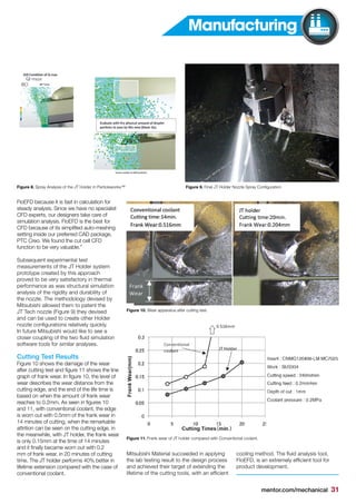 mentor.com/mechanical 31
FloEFD because it is fast in calculation for
steady analysis. Since we have no specialist
CFD experts, our designers take care of
simulation analysis. FloEFD is the best for
CFD because of its simplified auto-meshing
setting inside our preferred CAD package,
PTC Creo. We found the cut cell CFD
function to be very valuable.”
Subsequent experimental test
measurements of the JT Holder system
prototype created by this approach
proved to be very satisfactory in thermal
performance as was structural simulation
analysis of the rigidity and durability of
the nozzle. The methodology devised by
Mitsubishi allowed them to patent the
JT Tech nozzle (Figure 9) they devised
and can be used to create other Holder
nozzle configurations relatively quickly.
In future Mitsubishi would like to see a
closer coupling of the two fluid simulation
software tools for similar analyses.
Cutting Test Results
Figure 10 shows the damage of the wear
after cutting test and figure 11 shows the line
graph of frank wear. In figure 10, the level of
wear describes the wear distance from the
cutting edge, and the end of the life time is
based on when the amount of frank wear
reaches to 0.2mm. As seen in figures 10
and 11, with conventional coolant, the edge
is worn out with 0.5mm of the frank wear in
14 minutes of cutting, when the remarkable
attrition can be seen on the cutting edge, in
the meanwhile, with JT holder, the frank wear
is only 0.15mm at the time of 14 minutes
and it finally became worn out with 0.2
mm of frank wear, in 20 minutes of cutting
time. The JT holder performs 40% better in
lifetime extension compared with the case of
conventional coolant.
Figure 10. Wear apparatus after cutting test.
Figure 11. Frank wear of JT holder compared with Conventional coolant.
Figure 8. Spray Analysis of the JT Holder in Particleworks™ Figure 9. Final JT Holder Nozzle Spray Configuration
Mitsubishi Material succeeded in applying
the lab testing result to the design process
and achieved their target of extending the
lifetime of the cutting tools, with an efficient
cooling method. The fluid analysis tool,
FloEFD, is an extremely efficient tool for
product development.
Manufacturing
 