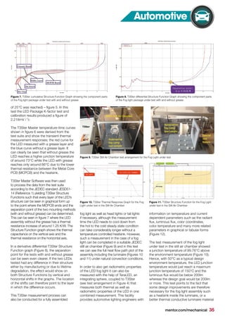 mentor.com/mechanical 35
Automotive
of 25°C was reached) – figure 5. In this
test the LED Package K-factor test and
calibration results produced a figure of
2.218mV / ˚c
The T3Ster Master temperature-time curves
shown in figure 6 were derived from the
test suite and show the transient thermal
measurement responses; the red curve for
the LED measured with a grease layer and
the blue curve without a grease layer. It
can clearly be seen that without grease the
LED reaches a higher junction temperature
of around 73°C while the LED with grease
reaches only around 66°C due to the lower
thermal resistance between the Metal Core
PCB (MCPCB) and the heatsink.
T3Ster Master Software was then used
to process the data from the test suite
according to the JEDEC standard JESD51-
14 (Reference 1) yielding T3Ster Structure
Functions such that every layer of the LED’s
structure can be seen in graphical form up
to the point where the MCPCB ends and the
separation point of the two mounting methods
(with and without grease) can be determined.
This can be seen in figure 7 where the LED
assembly without the grease has a thermal
resistance increase of around 1.25 K/W. The
Structure Function graph shows the thermal
capacitance on the vertical axis and the
thermal resistance on the horizontal axis.
In a derivative differential T3Ster Structure
Function graph (Figure 8), the separation
point for the tests with and without grease
can be seen even clearer. If the two LEDs
tested had any difference in their structure
either by manufacturing or due to lifetime
degradation, the effect would show on
both Structure Functions by vertical and
horizontal shifts in the graphs. The location
of the shifts can therefore point to the layer
in which the difference occurs.
This T3Ster measurement process can
also be conducted for a fully assembled
fog light as well as head lights or tail lights
if necessary, although the measurement
time the LED needs to cool down from
the hot to the cold steady state condition
can take considerably longer without a
temperature controlled heatsink. However,
such a measurement in the case of a fog
light can be completed in a suitable JEDEC
still air chamber (Figure 9) and in this test
we can see the full heat flow path plot of the
assembly including the luminaire (Figures 10
and 11) under natural convection conditions.
In order to also get radiometric properties
of the LED fog light it can also be
measured with the help of TeraLED, an
integrating sphere, coupled to T3Ster
(see test arrangement in Figure 4) that
measures both thermal as well as
radiometric properties of the LED in one
combined measurement. This facility
provides automotive lighting engineers with
information on temperature and current
dependent parameters such as the radiant
flux, luminous flux, color coordinates,
color temperature and many more related
parameters in graphical or tabular forms
(Figure 12).
The test measurement of the fog light
under test in the still air chamber showed
a junction temperature of 99.76°C above
the environment temperature (Figure 10).
Hence, with 50°C as a typical design
environment temperature, the LED junction
temperature would just reach a maximum
junction temperature of 150°C and the
luminous flux would be below 200lm
whereas the design goal would be 200lm
or more. This test points to the fact that
some design improvements are therefore
necessary for the fog light assembly such
as a heatsink inside the luminaire, or a
better thermal conductive luminaire material
Figure 7. T3Ster cumulative Structure Function Graph showing the component parts
of the Fog light package under test with and without grease
Figure 8. T3Ster differential Structure Function Graph showing the component parts
of the Fog light package under test with and without grease
Figure 9. T3Ster Still Air Chamber test arrangement for the Fog Light under test
Figure 10. T3Ster Thermal Response Graph for the Fog
Light under test in the Still Air Chamber
Figure 11. T3Ster Structure Function for the Fog Light
under test in the Still Air Chamber
 