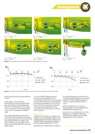 mentor.com/mechanical 65
for the large doors with a big aerodynamic
surface.
Loads acting on the small doors
kinematically connected with the landing
gear strut depend on the sideslip angle
much less. The dependence of the loads
on the small doors on their opening angle
occurs only in the presence of sideslip
angle.
The results of calculations performed in
Fluent and FloEFD presented in this article
show good agreement with the experimental
data and demonstrate the ability to use
these software for the calculation of the
loads on the landing gear doors during the
design stages.
Figure 7. The computational models with different angles of the strut, large and small doors.
δstrut
= 15°, δlarge door
= 74°,
δsmall door
= 14.304°
δstrut
= 60°, δlarge door
= 74°,
δsmall door
= 55.378°
δstrut
= 30°, δlarge door
= 74°,
δsmall door
= 27.846°
δstrut
= 75°, δlarge door
= 74°,
δsmall door
= 68.125°
δstrut
= 45°, δlarge door
= 74°,
δsmall door
= 41.498°
δstrut
= 100°, δlarge door
= 74°,
δsmall door
= 72.232°
Figure 8. The hinge moment coefficients of small left nose landing gear doors depending on their deflecting angle.
β = 0° β = 5°
The use of FloEFD software does not
require thorough preparation of the
computational model as far as this tool uses
an automatic meshing and it is embedded in
all modern CAD-software. On the contrary
the use of Fluent software with structured
mesh requires long preparation of the
computational model but allows to perform
a fast calculation.
References
[1] Platonov D.V., Minakov A.V., Dekterev A.A.,
Kharlamov E.B., Comparative Analysis of CFD-
packages SigmaFlow and Ansys Fluent on the
solution of the laminar problems // Bulletin of
the Tomsk State University, 2013, №1 (21)
[2] Pavlenko O.V., Determination of loads on
the nose landing gear doors and strut of a
commercial aircraft based on the numerical
solution of the Navier-Stokes equations //
TVF. 2011, Volume LXXXV, №2 (703), p.
19-25
[3] Dr. A. Sobachkin, Dr. G. Dumnov
Numerical Basis of CAD-embedded CFD,
NAFEMS World Congress 2013
[4] Lam, C.K.G. and Bremhorst, K.A. (1981)
Modified Form of Model for Predicting
Wall Turbulence, ASME Journal of Fluids
Engineering, Vol.103, pp. 456-46
Aerospace
 