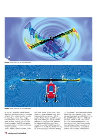 72 mentor.com/mechanical
up. Figure 4 shows the velocity field as
developed after a few rotations. You make
cut-plots of the velocity over the propeller
blades and you note in these images
the development of the boundary layer
at the propeller surfaces, one of the key
technologies within FloEFD that make it
possible to perform simulations with such
complex geometry.
There is still the question – Can this LEGO
Aero Hawk actually fly? You make a time-
history plot of the propeller lift force. After
close inspection you can see a definite
positive offset in the average lift force, albeit
fairly small, definitely not enough to lift the
helicopter off the ground in the real world,
but still a positive lift force nonetheless,
enough to revive that youthful imagination
that knows no bounds. You start to think like
the seven-year-old you once were, thinking
“if I can develop a strong lightweight material,
lighter than anything known to man…or if I
can spin the propeller at 3,000,000 rpm, then
this LEGO Aero Hawk from my childhood
just might actually be able to fly”! Thanks
to FloEFD this whole new world of CFD
has been unlocked. A world not confined
to simplified geometry or constrained by
meshes and convergence issues. What
seemed hard to imagine in the past has
Figure 4. Velocity contour plot with rotor blade rotation
Figure 4. Velocity contour plot with rotor blade rotation
 