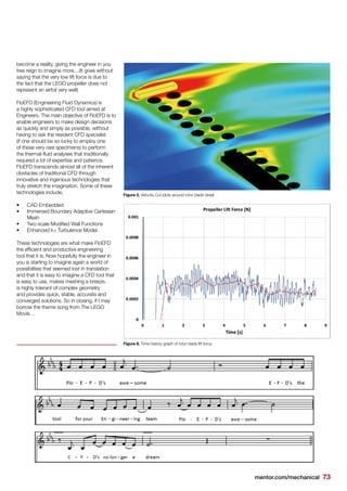 mentor.com/mechanical 73
become a reality, giving the engineer in you
free reign to imagine more…(It goes without
saying that the very low lift force is due to
the fact that the LEGO propeller does not
represent an airfoil very well)
FloEFD (Engineering Fluid Dynamics) is
a highly sophisticated CFD tool aimed at
Engineers. The main objective of FloEFD is to
enable engineers to make design decisions
as quickly and simply as possible, without
having to ask the resident CFD specialist
(if one should be so lucky to employ one
of these very rare specimens) to perform
the thermal-fluid analyses that traditionally
required a lot of expertise and patience.
FloEFD transcends almost all of the inherent
obstacles of traditional CFD through
innovative and ingenious technologies that
truly stretch the imagination. Some of these
technologies include,
•	 CAD Embedded
•	 Immersed Boundary Adaptive Cartesian
Mesh
•	 Two-scale Modified Wall Functions
•	 Enhanced k-ε Turbulence Model.
These technologies are what make FloEFD
the efficient and productive engineering
tool that it is. Now hopefully the engineer in
you is starting to imagine again a world of
possibilities that seemed lost in translation
and that it is easy to imagine a CFD tool that
is easy to use, makes meshing a breeze,
is highly tolerant of complex geometry
and provides quick, stable, accurate and
converged solutions. So in closing, if I may
borrow the theme song from The LEGO
Movie…
Figure 5. Velocity Cut-plots around rotor blade detail
Figure 6. Time-history graph of rotor blade lift force
 