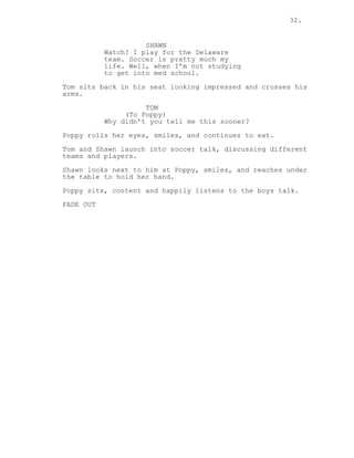 32.
SHAWN
Watch? I play for the Delaware
team. Soccer is pretty much my
life. Well, when I’m not studying
to get into med school.
Tom sits back in his seat looking impressed and crosses his
arms.
TOM
(To Poppy)
Why didn’t you tell me this sooner?
Poppy rolls her eyes, smiles, and continues to eat.
Tom and Shawn launch into soccer talk, discussing different
teams and players.
Shawn looks next to him at Poppy, smiles, and reaches under
the table to hold her hand.
Poppy sits, content and happily listens to the boys talk.
FADE OUT
 