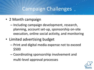 Campaign Challenges
• 2 Month campaign
– Including campaign development, research,
planning, account set-up, sponsorship on-site
execution, online social activity, and monitoring
• Limited advertising budget
– Print and digital media expense not to exceed
$500
– Coordinating sponsorship involvement and
multi-level approval processes
 