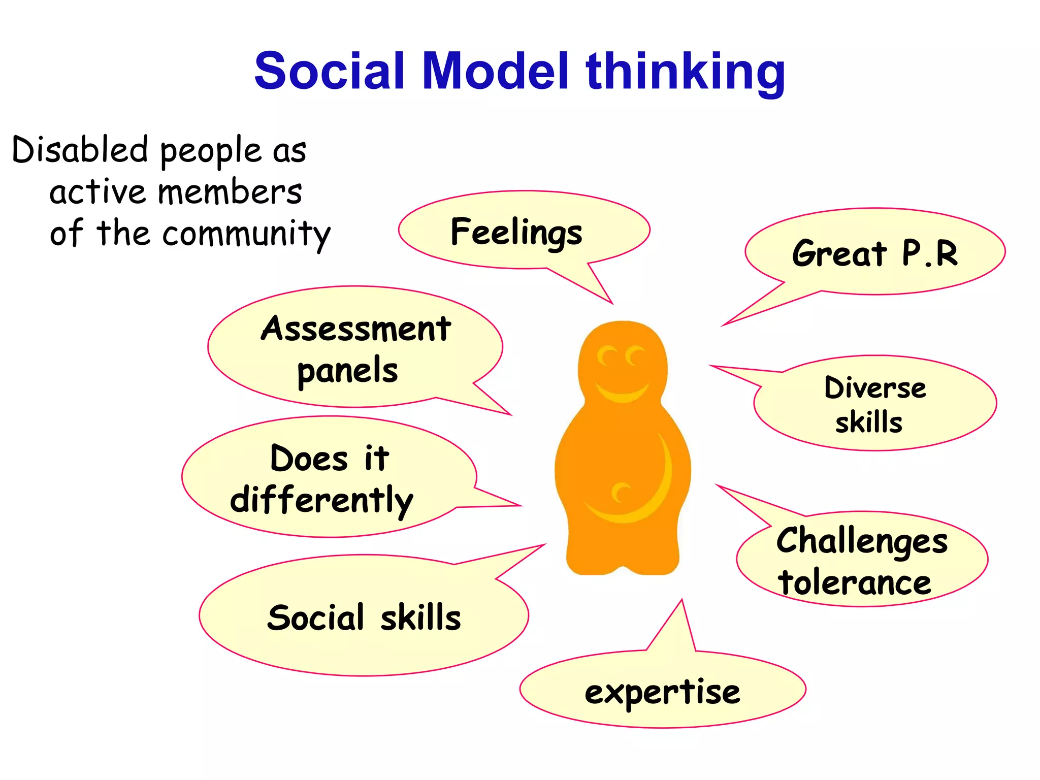 Social Model thinking Disabled people as active members of the community  Great P.R expertise Challenges tolerance  Diverse skills  Social skills Does it differently  Feelings  Assessment panels  