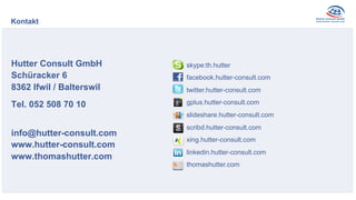 Hutter Consult GmbH
Schüracker 6
8362 Ifwil / Balterswil
Tel. 052 508 70 10
info@hutter-consult.com
www.hutter-consult.com
www.thomashutter.com
Kontakt
skype:th.hutter
facebook.hutter-consult.com
twitter.hutter-consult.com
gplus.hutter-consult.com
slideshare.hutter-consult.com
scribd.hutter-consult.com
xing.hutter-consult.com
linkedin.hutter-consult.com
thomashutter.com
 