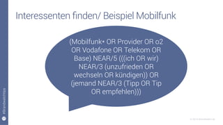 23
#Brandwatchtips
© 2015 Brandwatch.de
Interessenten ﬁnden/ Beispiel Mobilfunk
(Mobilfunk* OR Provider OR o2
OR Vodafone OR Telekom OR
Base) NEAR/5 (((ich OR wir)
NEAR/3 (unzufrieden OR
wechseln OR kündigen)) OR
(jemand NEAR/3 (Tipp OR Tip
OR empfehlen)))
 