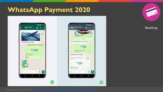WhatsApp Payment 2020
©MessengerPeople | Quelle: https://www.messengerpeople.com/de/whatsapp-pay-ueberblick/
Bezahlung
 