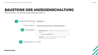 SEITE 14
Welche Gebots- und Optimierungseinstellungen gibt es?
20.03.2018 / AFBMC MÜNCHEN 2018 / HOW TO BID & OPTIMIZE
1
2
3
 