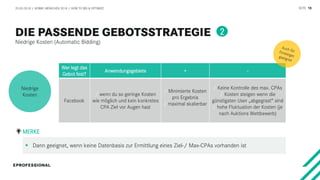 SEITE 18
Niedrige Kosten (Automatic Bidding)
20.03.2018 / AFBMC MÜNCHEN 2018 / HOW TO BID & OPTIMIZE
Wer legt das
Gebot fest?
Anwendungsgebiete + -
Facebook
/ wenn du so geringe Kosten
wie möglich und kein konkretes
CPA Ziel vor Augen hast
/ Minimierte Kosten
pro Ergebnis
/ maximal skalierbar
/ Keine Kontrolle des max. CPAs
/ Kosten steigen wenn die
günstigsten User „abgegrast“ sind
/ hohe Fluktuation der Kosten (je
nach Auktions Wettbewerb)
Niedrige
Kosten
 Dann geeignet, wenn keine Datenbasis zur Ermittlung eines Ziel-/ Max-CPAs vorhanden ist
MERKE
2
 