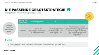 SEITE 20
Niedrige Kosten mit Gebotsobergrenze (Max. bid)
20.03.2018 / AFBMC MÜNCHEN 2018 / HOW TO BID & OPTIMIZE
Wer legt das
Gebot fest?
Anwendungsgebiete + -
Advertiser
/ wenn ich ein
Höchstgebot für meinen
CPA festlegen möchte
/ maximale Ergebnisse
unterhalb des Ziel CPAs
/ Senkung des CPAs
/ Kosten steigen wenn die
günstigsten User „abgegrast“ sind
oder das Budget erhöht wird
/ ggfs. wird das Budget nicht
ausgegeben
 Dann geeignet, wenn mehr Kontrolle zu dem maximalen CPA gefordert sind
MERKE
Niedrige
Kosten mit
Gebotsober-
grenze
2
 