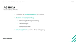 SEITE 5
Was erwartet euch heute?
20.03.2018 / AFBMC MÜNCHEN 2018 / HOW TO BID & OPTIMIZE
⁄ Grundsätze der Anzeigenauslieferung auf Facebook
⁄ Bausteine der Anzeigenschaltung
⁄ Optimierung der Anzeigenschaltung
⁄ Gebotsstrategien
⁄ Abrechnungsmodelle
⁄ Einbuchungsformen: Auktion vs. Reach & Frequency
 