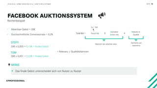 SEITE 10
Total Bid = Paced Bid
Estimated
Action rate
Relevanz &
Qualität
X +
Maximiert den advertiser value
Optimierte user
experience
20.03.2018 / AFBMC MÜNCHEN 2018 / HOW TO BID & OPTIMIZE
Rechenbeispiel
0,x * Bid
⁄ Advertiser Gebot = 30€
⁄ Durchschnittliche Conversionrate = 0,2%
30€ x 0,005 = 0,15€ = finales Gebot
30€ x 0,001 = 0,03€ = finales Gebot
STEFFI
TOM + Relevanz / Qualitätsfaktoren
 Das finale Gebot unterscheidet sich von Nutzer zu Nutzer
MERKE
 