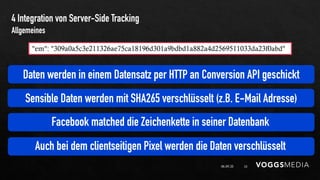 4 Integration von Server-Side Tracking
06.09.20 25
Allgemeines
"em": "309a0a5c3e211326ae75ca18196d301a9bdbd1a882a4d2569511033da23f0abd"
Daten werden in einem Datensatz per HTTP an Conversion API geschickt
Sensible Daten werden mit SHA265 verschlüsselt (z.B. E-Mail Adresse)
Facebook matched die Zeichenkette in seiner Datenbank
Auch bei dem clientseitigen Pixel werden die Daten verschlüsselt
 