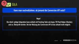 06.09.20 54
Kann man nachvollziehen, ob jemand die Conversion API nutzt?
Nope!
Q&A
Die client-seitige Integration kann einfach mit Tracking Tools wie bspw. FB Pixel Helper, Ghostery
und co. Überprüft werden. Bei der Nutzung der Conversion API ist das aktuell nicht möglich.
 