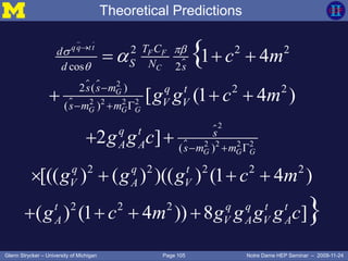 Page 105Glenn Strycker – University of Michigan Notre Dame HEP Seminar – 2009-11-24
Theoretical Predictions
2
2 2 2 2
2
2 2 2 2
2 2 2
cos 2
2 ( ) 2 2
( )
( )
2 2 2 2 2
2 2 2
1 4
[ (1 4 )
2 ]
[(( ) ( ) )(( ) (1 4 )
( ) (1 4 )) 8 ]
{
}
q q t t
F F
C
G
G G G
G G G
T Cd
S Nd s
s s m q t
V Vs m m
q t s
A A s m m
q q t
V A V
t q q t t
A V A V A
c m
g g c m
g g c
g g g c m
g c m g g g g c





  
  
  
  
 
   
   
 