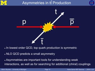 Page 12Glenn Strycker – University of Michigan Notre Dame HEP Seminar – 2009-11-24
 In lowest order QCD, top quark production is symmetric
 NLO QCD predicts a small asymmetry
 Asymmetries are important tools for understanding weak
interactions, as well as for searching for additional (chiral) couplings
t
p p
t
Asymmetries in tt Production
 