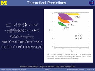 Page 61Glenn Strycker – University of Michigan Notre Dame HEP Seminar – 2009-11-24
Theoretical Predictions
2
2 2 2 2
2
2 2 2 2
2 2 2
cos 2
2 ( ) 2 2
( )
( )
2 2 2 2 2
2 2 2
1 4
[ (1 4 )
2 ]
[(( ) ( ) )(( ) (1 4 )
( ) (1 4 )) 8 ]
{
}
q q t t
F F
C
G
G G G
G G G
T Cd
S Nd s
s s m q t
V Vs m m
q t s
A A s m m
q q t
V A V
t q q t t
A V A V A
c m
g g c m
g g c
g g g c m
g c m g g g g c





  
  
  
  
 
   
   
Ferrario and Rodrigo – Physical Review D 80, 051701(R) (2009)
 