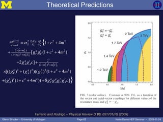 Page 62Glenn Strycker – University of Michigan Notre Dame HEP Seminar – 2009-11-24
Theoretical Predictions
2
2 2 2 2
2
2 2 2 2
2 2 2
cos 2
2 ( ) 2 2
( )
( )
2 2 2 2 2
2 2 2
1 4
[ (1 4 )
2 ]
[(( ) ( ) )(( ) (1 4 )
( ) (1 4 )) 8 ]
{
}
q q t t
F F
C
G
G G G
G G G
T Cd
S Nd s
s s m q t
V Vs m m
q t s
A A s m m
q q t
V A V
t q q t t
A V A V A
c m
g g c m
g g c
g g g c m
g c m g g g g c





  
  
  
  
 
   
   
Ferrario and Rodrigo – Physical Review D 80, 051701(R) (2009)
 