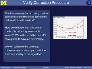 Page 88Glenn Strycker – University of Michigan Notre Dame HEP Seminar – 2009-11-24
Verify Correction Procedure
Now that we've subtracted background we
can calculate our smear and acceptance
matrices from truth info in MC.
How do we know that this unfold
method is returning reasonable
values? We test our method on MC
reweighted to have an asymmetry.
We will calculate the corrected
measurement and compare with the
truth asymmetry of the signal MC
 