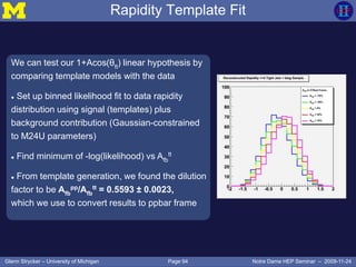 Page 94Glenn Strycker – University of Michigan Notre Dame HEP Seminar – 2009-11-24
Rapidity Template Fit
We can test our 1+Acos(θtt) linear hypothesis by
comparing template models with the data
 Set up binned likelihood fit to data rapidity
distribution using signal (templates) plus
background contribution (Gaussian-constrained
to M24U parameters)
 Find minimum of -log(likelihood) vs Afb
tt
 From template generation, we found the dilution
factor to be Afb
pp/Afb
tt = 0.5593 ± 0.0023,
which we use to convert results to ppbar frame
 