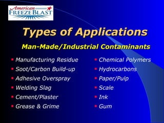 Types of Applications   Man-Made/Industrial Contaminants   Manufacturing Residue  Soot/Carbon Build-up Adhesive Overspray Welding Slag  Cement/Plaster Grease & Grime Chemical Polymers Hydrocarbons Paper/Pulp Scale Ink Gum 