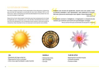 “
“ ”
”
5.2 estudo de formas
Em todas as etapas do projeto, foram pesquisados vários elementos e referências
para servirem de inspiração na construção da nova marca. Wheller (2012, p. 45)
afirma que “todos os elementos do sistema de identidade de marca devem ter uma
estrutura de lógica e significado.”
Dessa forma, foram selecionados 3 elementos que mais se destacaram em virtude
do significado: sol, a artesanato zulu e a flor de lótus. Os elementos foram coloca-
dos de forma sobreposta e com transparência para analisar como essa junção se
comportava. Esse resultado tornou-se a base para construção do novo símbolo.
Símbolos são veículos de significados. Quanto mais são usados e mais
as pessoas entendem o que representam, mais poderosos se tornam.
Eles são a forma de comunicação mais rápida à nossa disposição.
WHELLER, Alina
Os símbolos acionam a inteligência, a imaginação e a emoção de uma
maneira que nenhuma outra forma de aprendizagem consegue.
Manual de Normatização da Identidade de Georgetown University
- Representa transformação
- Filosofia budista
- Pureza e belo
- Elemento do logo anterior
- Representa força e energia
- Uma nova oportunidade a cada manhã
- Artesanato Zulu
- Africanidade
- Círculo
SOL mandala flor de lótus
41
 