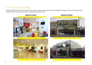 Ambiente Interno Ambiente Externo
6.3.1 proposta de fachada
Na Análise de SWOT foi levantada a fachada como uma fraqueza do estúdio. A fachada apresenta baixa visibilidade e não segue a comunicação visual da empresa.
O ambiente interno não conversa com o externo, enfraquecendo o ponto de contato.
55
 