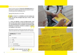 ”
“
6.4. análise da diferenciação
Depois da última pergunta “O que torna a Bombelêla única?” os
participantes receberam algumas fichas para preencher sobre
os fatores que tornam a Bombelêla única.
Segundo Marty Neumeier no livro ZAG:
O teste do “único” é a verdadeira prova da mudança de
rumo. Se você não consegue dizer que é “único”, volte
e recomece.
(...) Uma vez definido o ponto de diferenciação, você
tem um filtro para todas as decisões futuras da empre-
sa, você pode determinar se qualquer nova decisão pode
beneficiar ou prejudicar, focalizar ou desfocar, purificar
ou modificar a sua marca.
Após todos escreverem, abrimos para discução. Cada um leu e
colocou seu ponto de vista a respeito de como viam a empresa.
A BOMBELÊLA É A ÚNICA ..............................................
QUE .....................................................................................
O que: É a única................................................................
Como: que .........................................................................
Quem: para .......................................................................
Onde: na ............................................................................
Por que: que deseja ........................................................
Quando: em uma época..................................................
Nome:
A BOMBELÊLA É A ÚNICA ..............................................
QUE .....................................................................................
Quanto todo mundo faz zig, faça zag
NEUMEIER, Marty
57
 