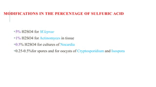 MODIFICATIONS IN THE PERCENTAGE OF SULFURIC ACID
5% H2SO4 for M.leprae
1% H2SO4 for Actinomyces in tissue
0.5% H2SO4 for cultures of Nocardia
0.25-0.5%for spores and for oocysts of Cryptosporidium and Isospora
 