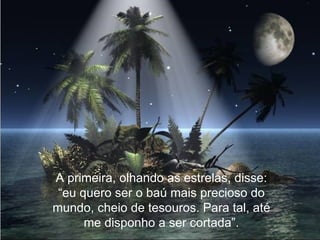 A primeira, olhando as estrelas, disse: “eu quero ser o baú mais precioso do mundo, cheio de tesouros. Para tal, até me disponho a ser cortada”. 