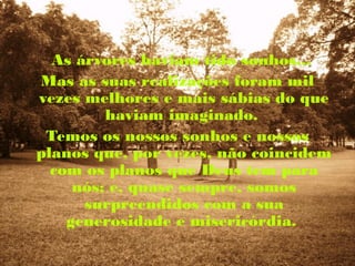 As árvores haviam tido sonhos...
Mas as suas realizações foram mil
vezes melhores e mais sábias do que
         haviam imaginado.
 Temos os nossos sonhos e nossos
planos que, por vezes, não coincidem
  com os planos que Deus tem para
     nós; e, quase sempre, somos
      surpreendidos com a sua
    generosidade e misericórdia.
 
