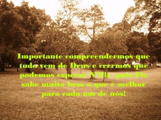 Importante compreendermos que
 tudo vem de Deus e crermos que
 podemos esperar N’Ele, pois Ele
  sabe muito bem o que é melhor
       para cada um de nós!
 