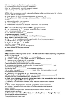 (i) to treat every one equally without any discrimination
(ii) to dispel any misgivings or feelings of despondency
(iii) to say a thing truthfully in straight and plain language
(iv) to forcefully defend the rights of farmers
Q.5 The following sentences contain grammatical, logical and presentation errors. Re-write the
sentences in their correct versions.
(a) Amjad donated his old car to a charitable trust that no longer ran well.
(b) During the months of July and August last summer, I had a wonderful summer
vacation.
(c) Leaves are dropped by trees in autumn.
(d) Someone robbed the bank again.
(e) The award was presented to the actor that was engraved with gold letters
Q.10 Complete the following sentences with the appropriate words:
(a) Your child has made no _____ progress in his performance at school.
notice noticeable noticeably noticed
(b) I am grateful to you for your _____ assistance.
value valuation valuable valueless
(c) Do not consider that he is your friend; assess his performance _____.
object objective objection objectively
(d) The _____ of the wanted dacoit has been published in all the important newspapers.
describe describing description descriptive
(e) He does not have any _____ of finance.
know knowing knowledge known
(f) Smoking is not _____ in the new office premises.
permit permitted permissive permission
Autumn 2013
Q.1 (a) From the following list of Idioms select those that most appropriately complete the
sentences given below:
draw the line an axe to grind burn our boats
eat one‟s words call a spade a spade through thick and thin
one slip of the tongue can get us in trouble
the last straw that broke the camel‟s back
(i) Be careful when giving evidence in the court tomorrow; _____________
(ii) I do use strong language sometimes, but I know where to _____________ and
refrain from using offensive words.
(iii) We just cannot _____________ and migrate to Australia.
(iv) I have the courage to _____________, in spite of the strong opposition from all
the members of the committee.
(v) Take it from me, Samad will be your dependable friend _____________.
(vi) Aslam‟s absence for 3 weeks without prior permission was _____________and
ultimately resulted in his dismissal by the employer. (03)
(b) Each of the following sentences contains one word that is used incorrectly. Insert the
correct word in place of the incorrect word.
(i) The visit of the President to the tomb of the unknown soldier was a historical
event.
(ii) Herbs used in the preparation of cough syrups have medical properties.
(iii) Copying a large amount of files from one drive to another may cause the
system to crash.
(iv) The team‟s manager stated that he was unsatisfied with the standard of
umpiring in the final match.
(c) Match each word in the left-hand column with the phrase on the right that most
appropriately suggests its meaning.
(i) superfluous occurring at night
 